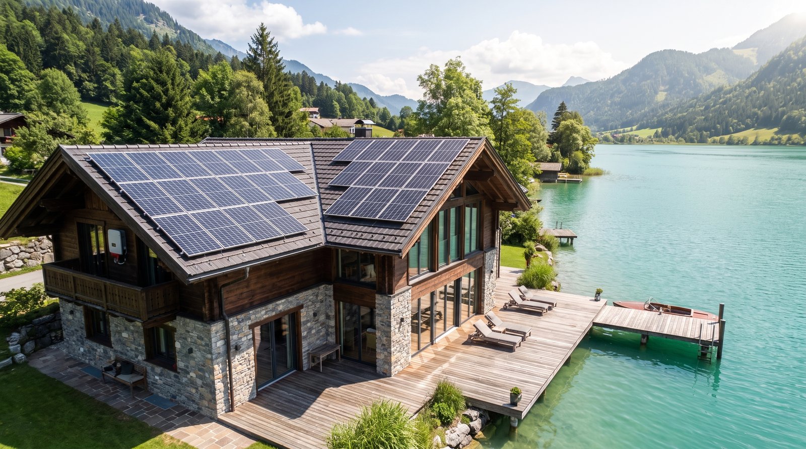 Lakeside house with roof-mounted panels