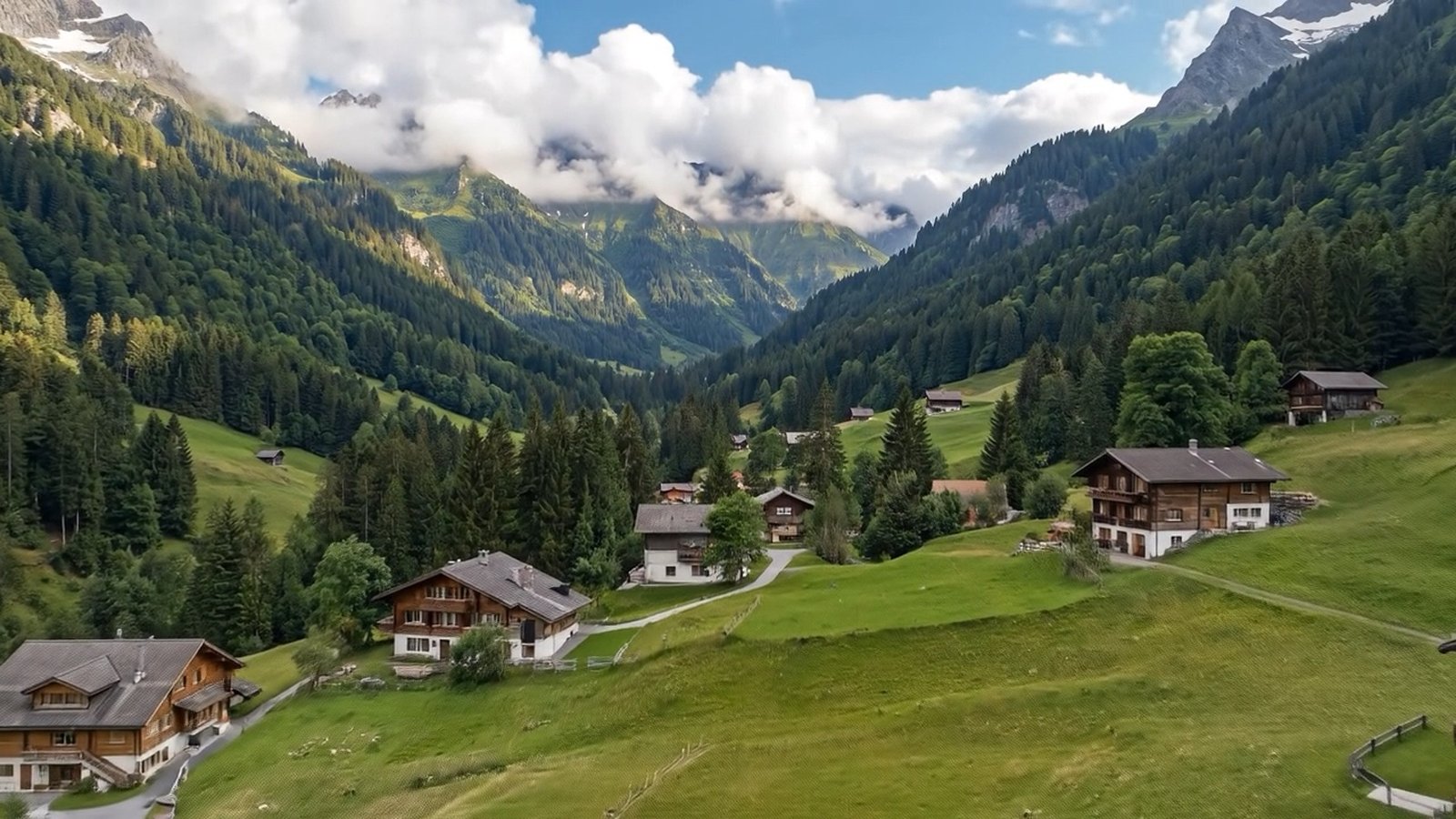 Alpine village surveyed from the air